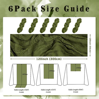 6 Pack Olive Green 10FT Cheesecloth Table Runner Rustic Gauze Cheese Cloth Table Runner for Wedding Bridal Baby Shower Table Decorations Boho Fabric Sheer Birthday Party Decor 20 x 120 Inch Long