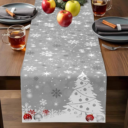Christmas Snowflakes Cotton Linen Table Runner for Dining Kitchen, Xmas Tree Snow Winter Wedding Outdoor Party Tablerunners Decoration, Grey Balls Dresser Scarf Coffee Tablecloth Runners 13x72 Inches