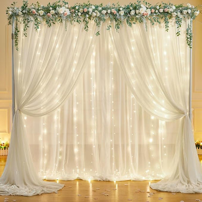 10ft x 7ft Ivory Chiffon Backdrop Curtain with Lights String for Parites Wedding Wrinkle Free Curtain Photo Backdrops Drapes for Baby Shower Birthday Party Home Decorations