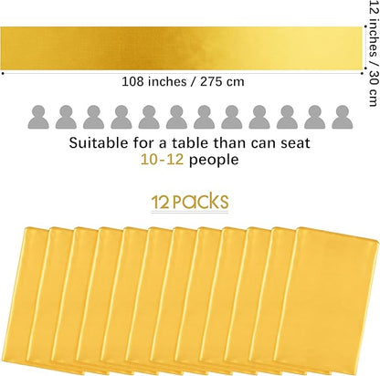 Aneco 12 Pack Satin Table Runner 12 x 108 Inch Gold Long Wedding Satin Silk Table Runner for Wedding Banquet Graduations Birthday Party Decoration