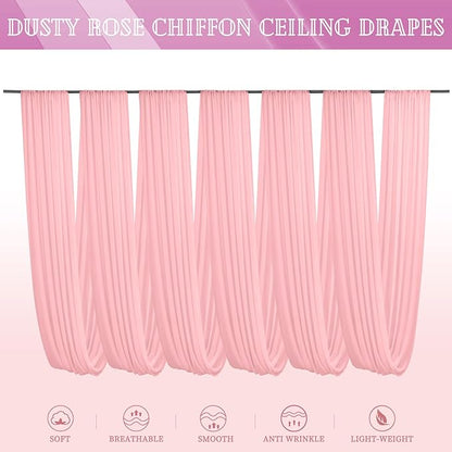 6 Panels Dusty Rose Ceiling Drapes for Wedding 5ftx30ft Chiffon Fabric Arch Draping Curtains Sheer Drapery for Party Ceremony Birthday Baby Shower Reception Stage Swag Ceiling Decorations