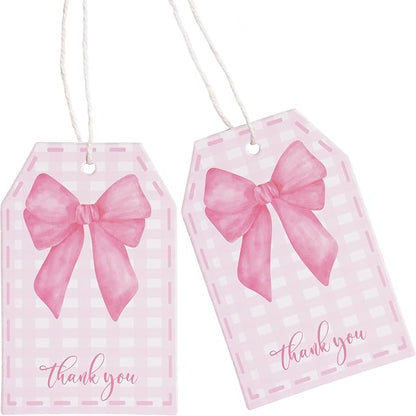 100Pcs Pink Bow Gift Tags with String Pink Buffalo Plaid Large Gift Tags with 65Ft White String Cute Thank You White Paper Tag for Coquette Birthday Baby Shower Wedding Gift Wrap Tag