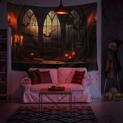 QGHOT Halloween Tapestry Wall Hanging Horror Castle Window Tapestry Gothic Spooky Backdrop Vampire Medieval Tapestries for Bedroom Living Room Dorm Wall Art Decor (78.7"x59.1")