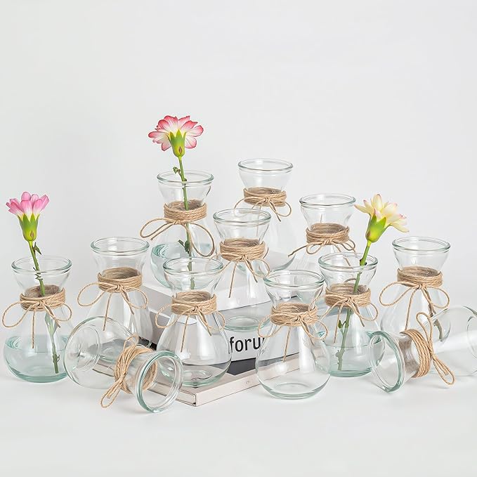Glass Bud Vases for Centerpieces Set of 12 Clear Decorative Vase for Flowers 5.5" Small Bulb Plant Propagation Containers for Home Decor Wedding Table Decorations Rustic Farmhouse Style