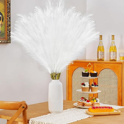 35" Faux Pampas Grass Decor, 8pcs Large Tall Fluffy Artificial Pompous Grass Branches Floral Fake Pompas Grass Bulrush Floor Vase Filler Flower Arrangement for Home Wedding Boho Decor-White