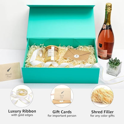 LIFELUM Large Gift Boxes with Lids,5 Pack 13.85 x 8.35 x 4.45 inch Rectangle Collapsible Gift Boxes with Ribbon,Card,Shredded Paper Filler Gift Boxes for Presents,Christmas,Birthdays