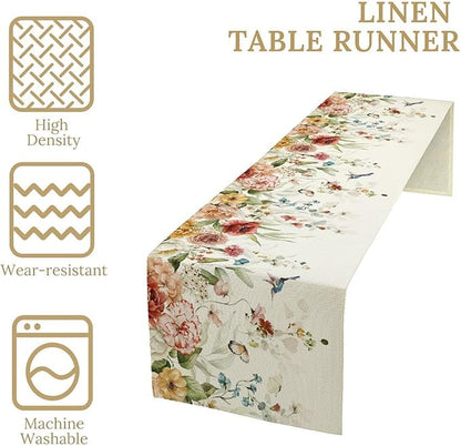 Rustic Floral Table Runner, Watercolor Flower Leaves Hummingbird Butterfly Farmhouse Kitchen Dinning Table Runner for Indoor Outdoor Home Wedding Party Holiday, 13x108 Inch