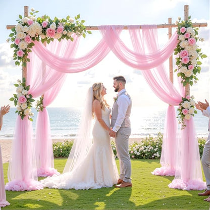 Wedding Arch Draping Fabric Backdrop 2 Panel 60" x 26Ft Pink Drapes Curtains for Wedding Reception Sheer Tulle Backdrop Curtain for Ceremony Birthday Party Baby Shower Arbor Ceiling Decorations