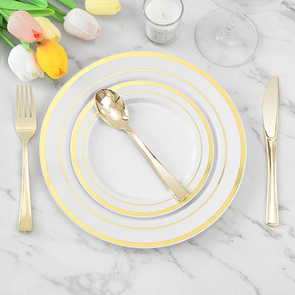 BESTVIP 300 Pack 6.9 Inch Gold Plastic Spoons, Heavy Duty Plastic Silverware, Heavyweight Gold Disposable Spoons, Disposable Serving Utensils for Catering, Parties, Dinners, Weddings, Christmas