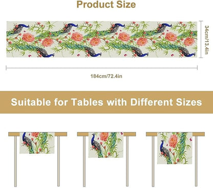 Peacock Table Runner,Seasonal Flower Plants Peacock Birds Table Runner for Home Kitchen Dining Party Indoor Outdoor Decoration 13x60 Inch