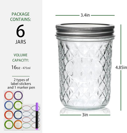 Mason Jars 16oz,Canning Jars with Metal Airtight Lids and Bands,Wide Mouth Mason Jars Ideal for Spice, Jam, Honey, Jelly, Yogurt, overnight oats,Meal Prep, Wedding Favors,6Pack