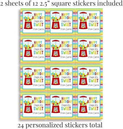 Custom & Personalized Sweet Gumball Happy Birthday Gift Tag Sticker Labels, 24 2.5" Square Stickers by Amanda Creation