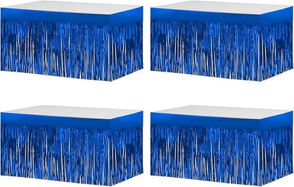 4 Pack Metallic Foil Fringe Tinsel Table Skirts,29x108 Inch Party Disposable Table Skirt Banner for Hotel Banquet Parade Floats Mardi Gras Holiday Birthday Wedding New Year Party Decoration(Blue)