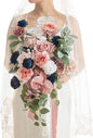 Ling's moment Dusty Rose Navy Blue Bridal Bouquet Cascading, Pink and Blue Wedding Bouquets for Bride, 15 Inch Silk Artificial Wedding Flower Bouquet