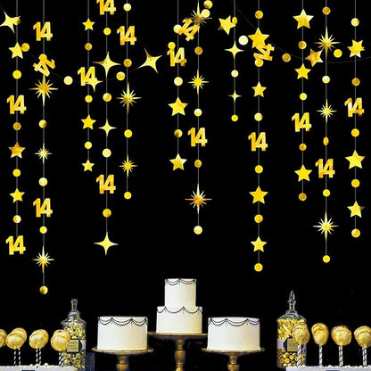 Gold 14th Birthday Decorations Number 14 Circle Dot Star Garland Metallic Hanging Streamer Banner Backdrop for Girls Boys Happy 14 Years Old Fabulous Birthday Fourteen Anniversary Party Supplies