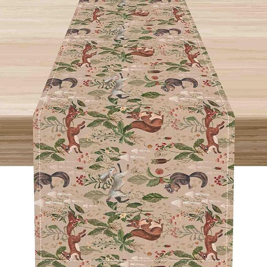 Rustic Forest Table Runner, Farmhouse Wild Woodland Animals Country Deer Fox Rabbits Watercolor Table Center Decor for Home Kitchen Dining Patio Holiday Party Outdoor Table Decorations, 13"x72" Inch