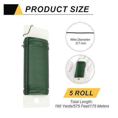 MECCANIXITY 190 Yards/575 Feet Metal Floral Wire 21 Gauge Green Flexible Paddle Thin Floral Wires for Craft, Christmas Wreath, Flower Arrangement, Wedding, Total 5 Roll