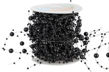 13Feet Pearl String Spool Roll for Floating Candles Faux Pearls Strands Garland for Vase Filler Wedding Centerpiece Christmas Table Decor (Black)