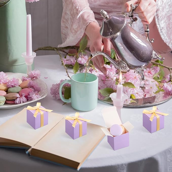 Jutom 100 Pcs Mini Favor Boxes Extra Small Candy Boxes Paper with Gold Ribbon for Christmas Thanksgiving Day Birthday Wedding Anniversary Supplies(2 x 2 x 2 Inch,Lavender)