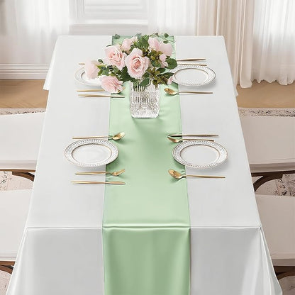 2 Pack Sage Green Satin Table Runner 12x108 Inches Long, Bright Silky Smooth Satin Table Runner Table Decor for Wedding Banquet Christmas Prom Event Birthday Party
