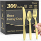 300 Count Extra Heavy Duty Gold Plastic Silverware, 100 Forks, 100 Spoons, 100 Knives, BPA-Free, Heat Resistant, Disposable Plastic Utensils Set, Plastic Cutlery Set, Plasticware Bulk