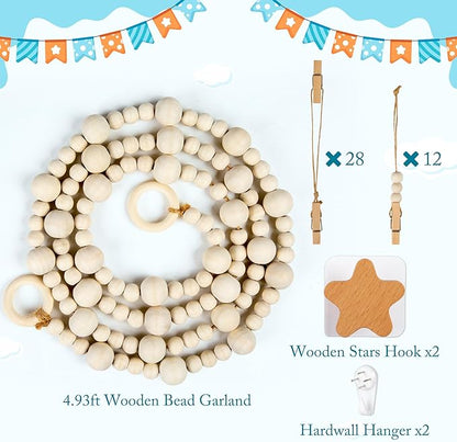 KOLLIEE Kids Artwork Display Art Wall Decor 4.93ft Boho Wooden Beaded Garland Collage Holder with Hanging Rings Wooden Stars Hook 40 Wood Clips for Kids Artwork Photo Room Bedroom Decor