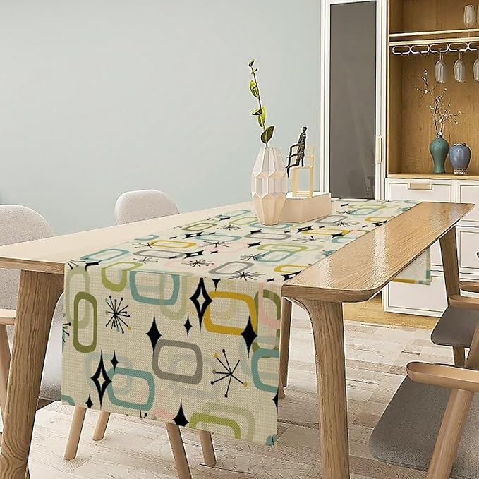 Mid Century Table Runner, Flag Retro Atomic Starburst 1950s Abstract Geometric Space Tabletop Decoration for Home Kitchen Restaurant Table Flag 13x90 Inch