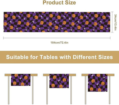 Halloween Table Runner,Purple Checkered Pumpkin Table Runner for Kitchen Dining Table Decoration Home Party Decor 13x108 Inch