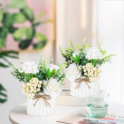 BLOSMON Table Decor Artificial Flowers Vase 7 Inch Small Fake Flower White Arrangement 2pcs Floral Arrangement for Tables Centerpieces Kitchen Dining Room Decorations Faux Flower in Vase Silk Roses