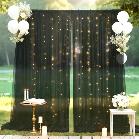 10×10ft Tulle Backdrop Curtains with Lights String - 300LED Fairy Lights Sheer Curtain Backdrop for Weddings Baby Shower and Birthday Party Decorations(6 Panels 5×10ft)