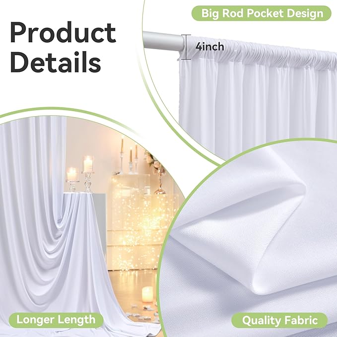 30ftx12ft Wrinkle Free White Backdrop Curtain, 6 Panels 12FT Height White Wedding Backdrop Drapes, Silky Polyester Back Drop Cloth for Birthday Photography Background Party Backdrop Draping