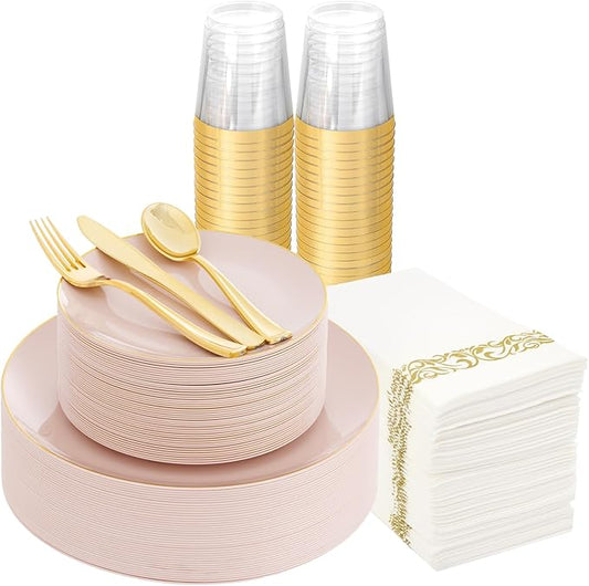 Supernal 350pcs Pink Plastic Plates,Plates Disposable Heavy Duty,Pink Disposable Plastic Dinnerware Set Include 50 Dinner Plate,50 Dessert Plate,50 Gold Cutlery,50 Cups&50 Napkins for Party&Wedding