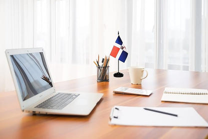 Dominica Dominican Deluxe Desk Flag Set Small Mini Miniature Dominica Dominican Table Desktop Flags With Solid Pole, Black Base and Spear Top(2 Pack)