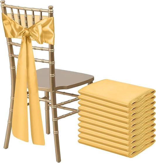 10 PCS Gold Satin Chair Sashes Bows Universal Chair Ribbon Ties Back Sash for Wedding Party Reception Events Banquets Hotel Event Chair Cover Decoration (7x108 inch)
