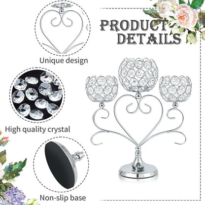 2 Pcs 3-Arm Heart Tea Light Candle Holder - Crystal & Metal Wedding Centerpiece Decor, Sparkling Table Decor for Anniversaries/Romantic Tabletop Home/Dinner Party/Events (2, Silver)
