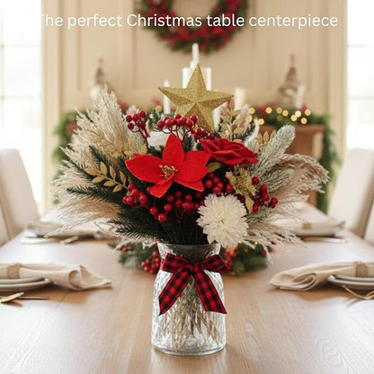 Christmas Centerpieces for Tables, Holiday Table Decor, 100pcs Christmas Floral Arrangements in Vase, Xmas Decorations for Coffee Kitchen Dining Table, Artificial Poinsettia Red Berry Pine Branches