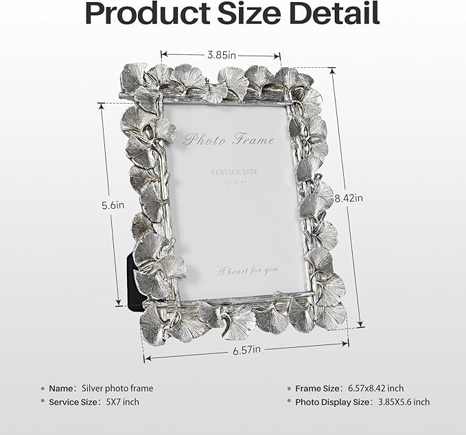 Cuspin Silver 5x7 Picture Frame, Vintage Silver Ornate Leaf Textured Hand-Crafted Resin Frames with Glass Front, Antique Photo Frame for Tabletop Display, Retro Design Home Decor