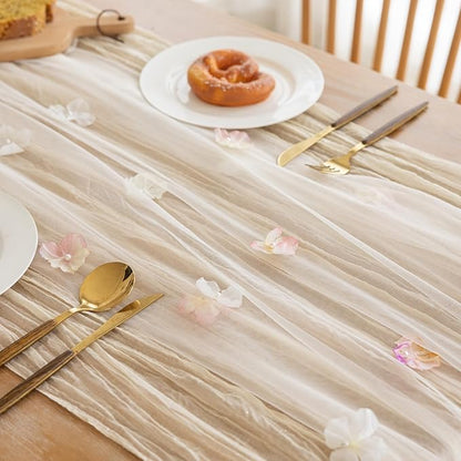 Romantic Artificial Floral Table Runner 10ft Gauze Tulle Lace Table Runner Set for Wedding Baby Shower Bridal Shower Holiday Kitchen Dining Table Decoration for Home Party Special Occasion