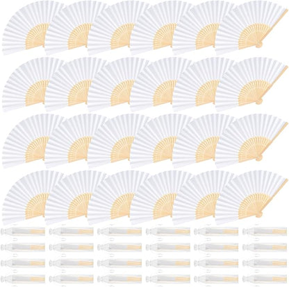 24 Pieces White Hand Held Bamboo Folding Fans Paper Fans Handheld for Women Foldable Girls Wedding Decoration Church Home Party Favors Summer