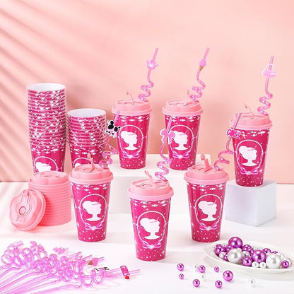 Yungyan 16 Sets Hot Pink Girl Party Favors Goodie Cups with Lids and Straws for Birthday Decorations Reusable 16oz Plastic Candy Cups Plastic Straws for Birthday Party (Pink Princess)