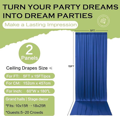 PartyVillage 10ft×15ft Royal Blue Backdrop Curtain for Wedding Parties, 2 Panels Wrinkle Free 15 FT Long Polyester Photo Backdrop Drapes Back Drop Cloth for Birthday Photography Background