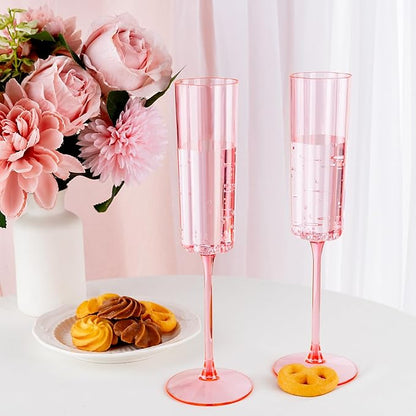 Ciaell 24 Pack Pink Plastic Champagne Flutes - 6 Oz Flower Wavy Champagne Glasses - Heavy Duty Vintage Disposable Glassware for Party & Anniversary & Wedding