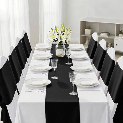SHEJIZE 10 Pack Black Satin Table Runner 12x108 Inches Long, Bright Silky Smooth Satin Table Runner Table Decor for Wedding Banquet Christmas Prom Event Birthday Party