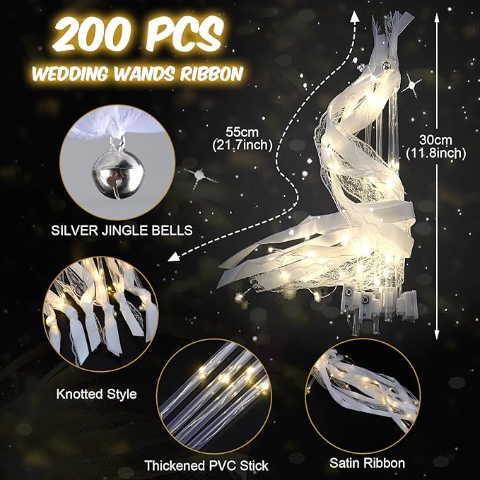 200PCS Light up Wands for wedding, Wedding Wands Streamers with 3 Colorful Flashing Modes, Fairy Wands, LED Silk Fairy Wand with Bells for Wedding, New Year, Thanksgiving, Concert