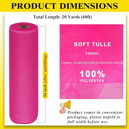 54" by 20 Yards Hot Pink Tulle Fabric Rolls - Tutu Spool Bolt for DIY Wedding Decoration, Baby Shower Tutu Skirt, Gift Wrapping - Large Matte Tulle, Roll Packaging (Fuchsia)