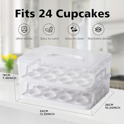 Two Tier Cupcake Carrier, White Stackable Cupcake Holder Carries for 24 Standard-Size Cupcakes, Reusable Detachable Cupcake Box