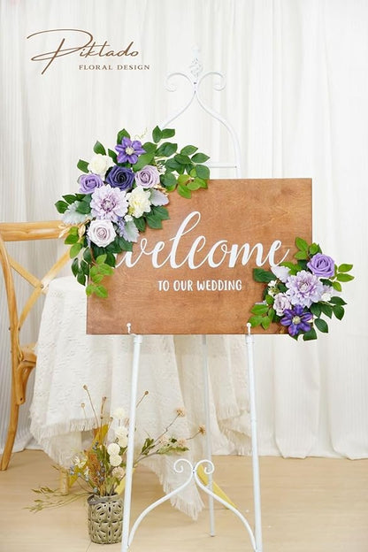 Wedding decor (pack of 2) Welcome Sign Flower Backdrop Garland For Ceremony Reception Wall Easel Home Decoration Entryway Faux Outdoor Board Head Table Decor (Lilic & Cream)