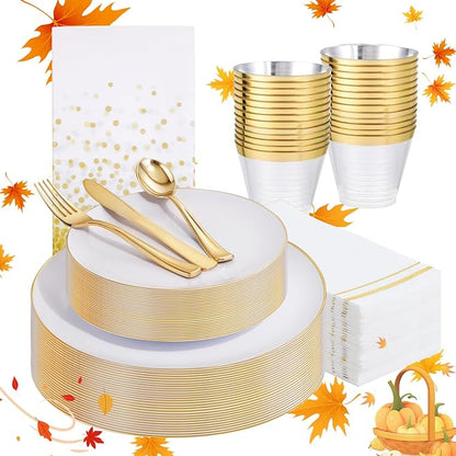 Festiva 176Pcs White and Gold Plastic Plates - White with Gold Rim Fall Dinnerware Set - 25Guest include Plates Cups Cutlery Napkins for Fall Party&Wedding& New Year&Thanksgiving
