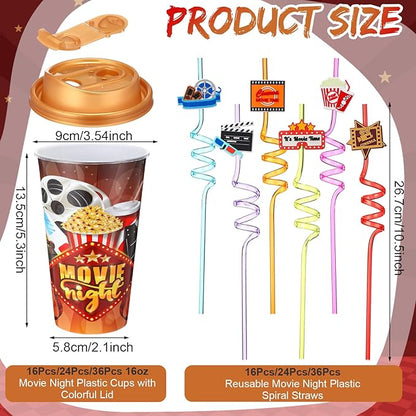 Yungyan 16 Sets Movie Night Party Favors Goodie Cups with Lids and Straws for Halloween Party Decorations Reusable 16oz Plastic Candy Cups Plastic Straws for Birthday Gift(Movie Night)