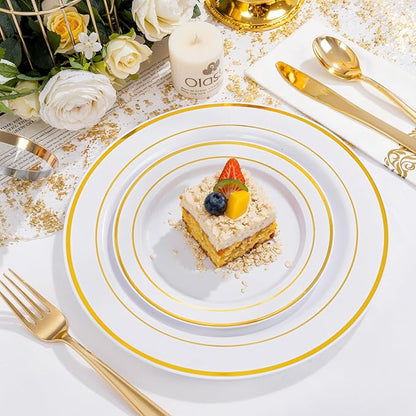 NOCCUR 700PCS Gold Disposable Dinnerware Set for 100 Guests - Plastic Plates for Party - Include 200 Gold Dinner/Dessert Plates, 100 Napkins, 100 Cups, 300 Plastic Silverware - Ideal for Wedding&Party